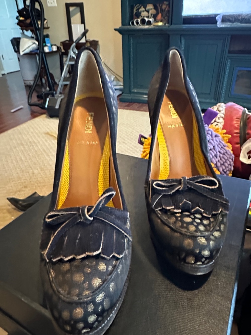 Fendi Black Leather Platform Pumps with Kiltie Fringe and Bow
